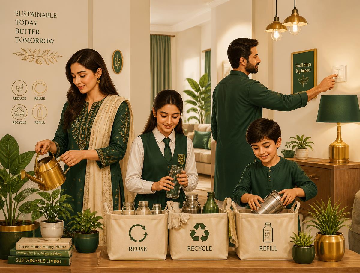 Illustration of a Pakistani family practising sustainable habits at home with their student