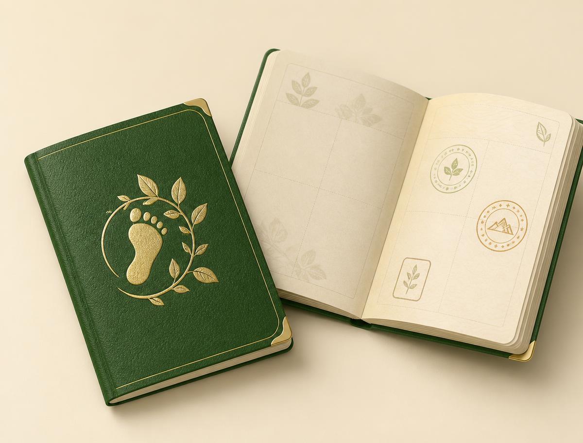 Mockup of the emerald and gold Sabz Qadam Green Passport booklet with stamped activity pages