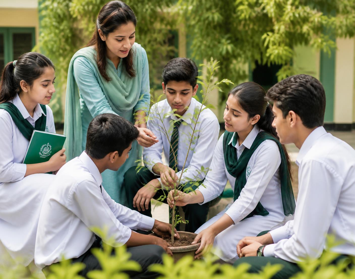 Pakistani secondary school students and a teacher caring for a young sapling in a school courtyard